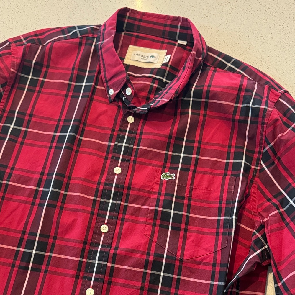 Lacoste Men's Red and Black Plaid Shirt